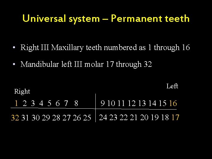 Universal system – Permanent teeth • Right III Maxillary teeth numbered as 1 through