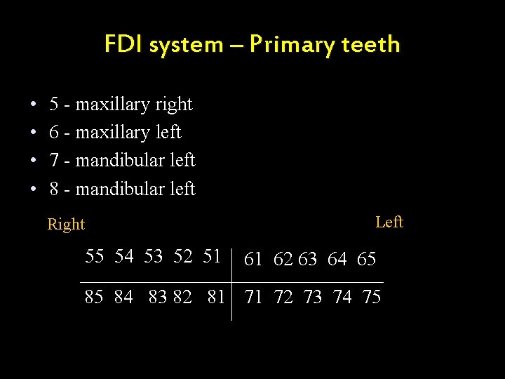 FDI system – Primary teeth • • 5 - maxillary right 6 - maxillary