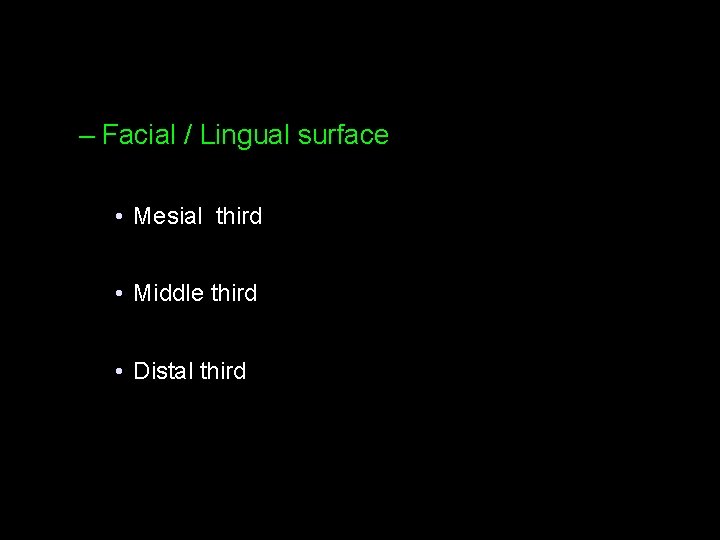 – Facial / Lingual surface • Mesial third • Middle third • Distal third