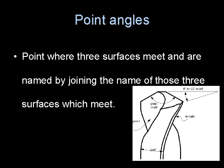 Point angles • Point where three surfaces meet and are named by joining the