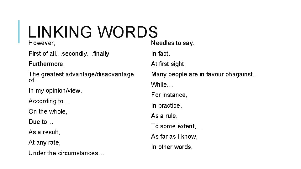 LINKING WORDS However, Needles to say, First of all…secondly…finally In fact, Furthermore, At first