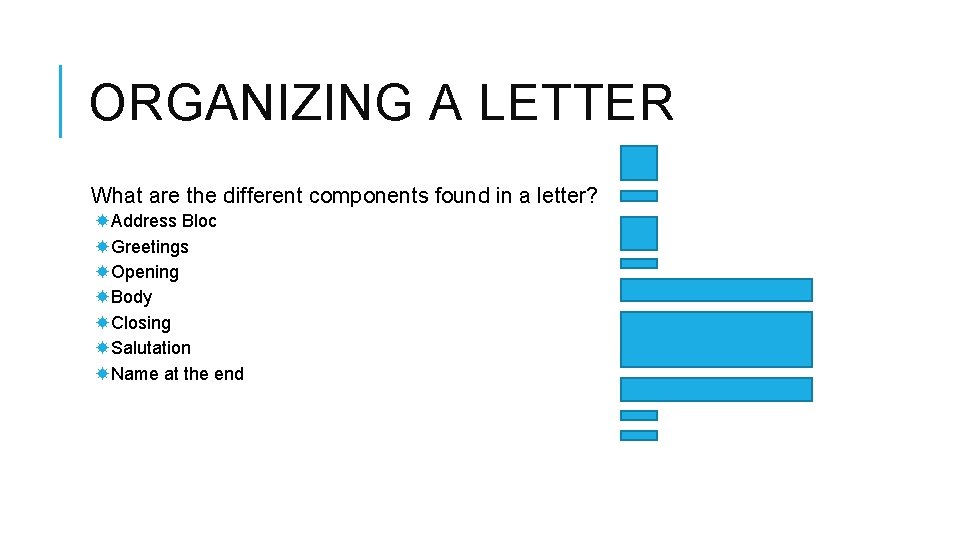 ORGANIZING A LETTER What are the different components found in a letter? Address Bloc