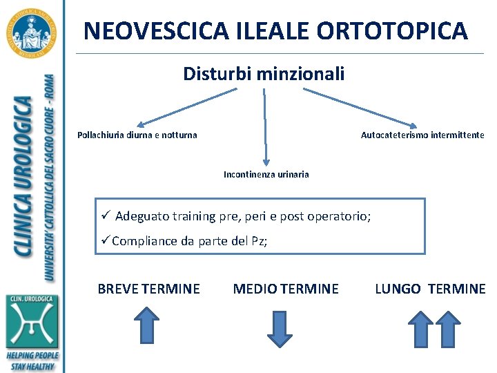 NEOVESCICA ILEALE ORTOTOPICA Disturbi minzionali Pollachiuria diurna e notturna Autocateterismo intermittente Incontinenza urinaria ü