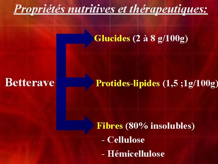 Propriétés nutritives et thérapeutiques: Glucides (2 à 8 g/100 g) Betterave Protides-lipides (1, 5