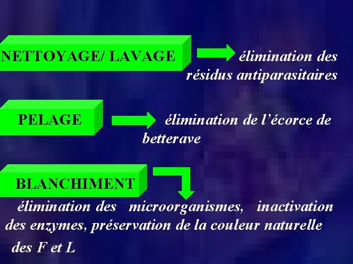 NETTOYAGE/ LAVAGE élimination des résidus antiparasitaires PELAGE élimination de l’écorce de betterave BLANCHIMENT élimination