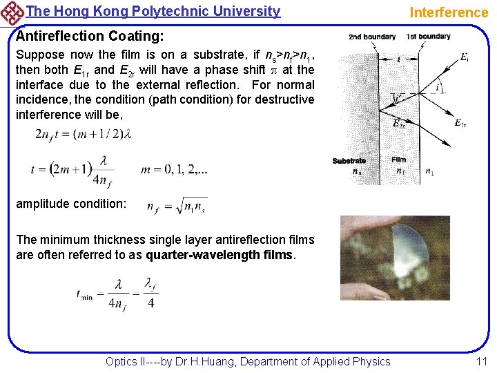 The Hong Kong Polytechnic University Interference Antireflection Coating: Suppose now the film is on