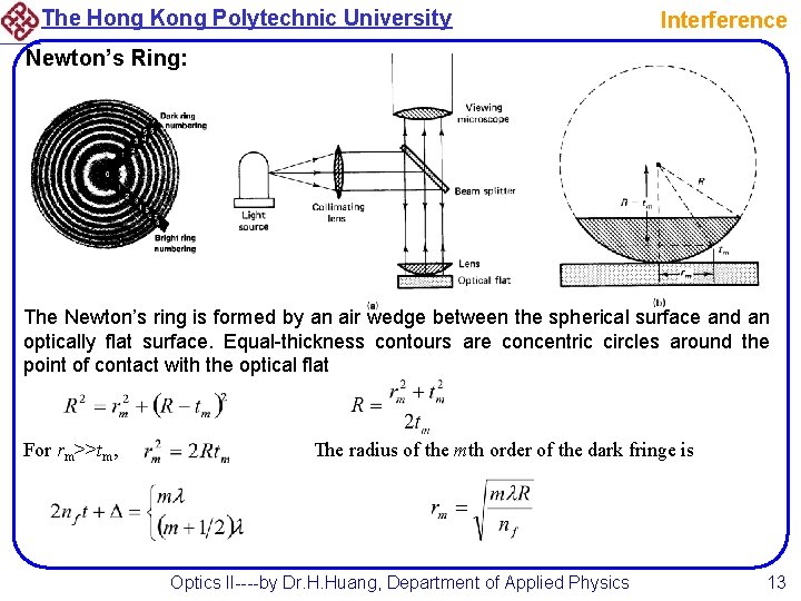 The Hong Kong Polytechnic University Interference Newton’s Ring: The Newton’s ring is formed by