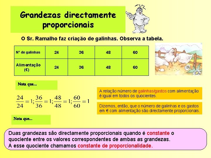 Grandezas directamente proporcionais O Sr. Ramalho faz criação de galinhas. Observa a tabela. Nº