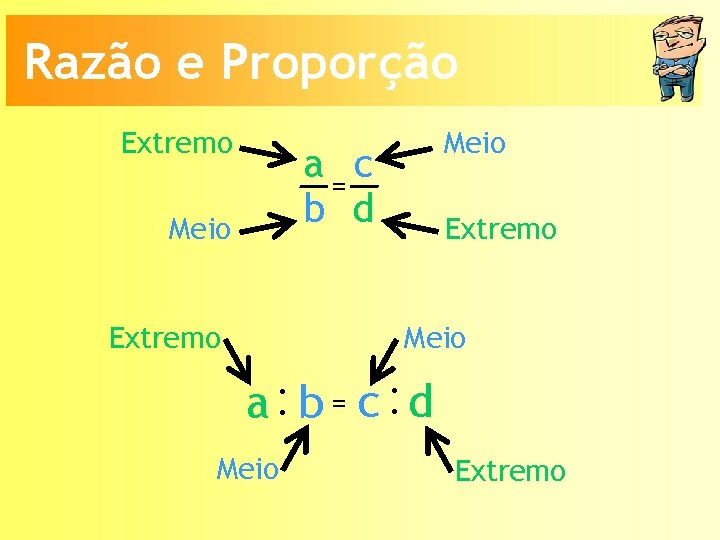 Razão e Proporção Extremo Meio a=c b d Meio Extremo Meio a: b =