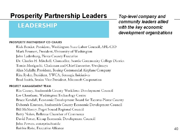 Prosperity Partnership Leaders Top-level company and community leaders allied with the key economic development