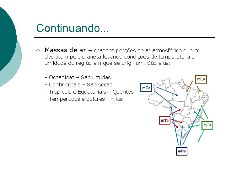 Continuando. . . ¡ Massas de ar – grandes porções de ar atmosférico que