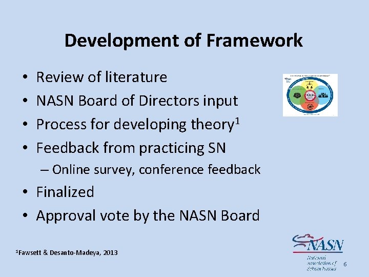 Development of Framework • • Review of literature NASN Board of Directors input Process