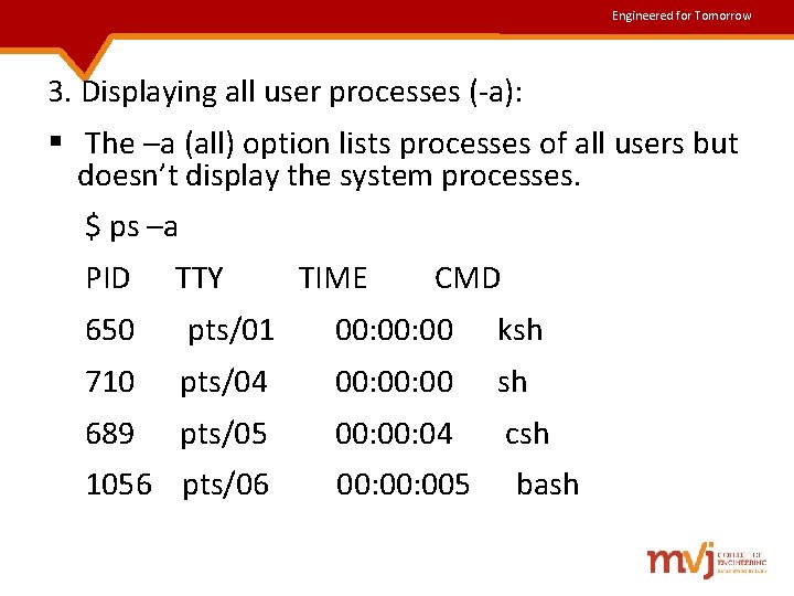 Engineered for Tomorrow 3. Displaying all user processes (-a): § The –a (all) option Engineered for Tomorrow 3. Displaying all user processes (-a): § The –a (all) option