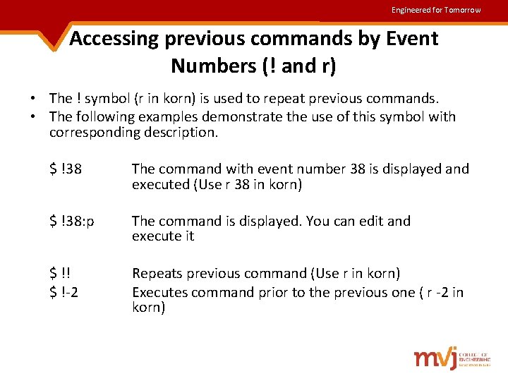 Engineered for Tomorrow Accessing previous commands by Event Numbers (! and r) • The Engineered for Tomorrow Accessing previous commands by Event Numbers (! and r) • The