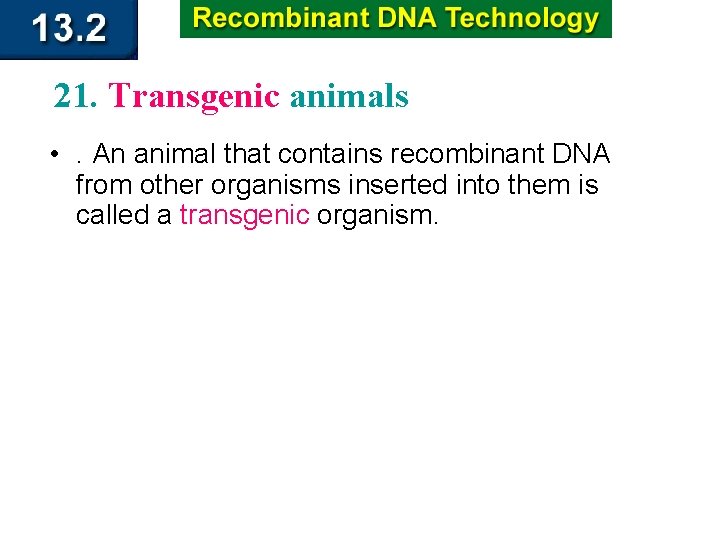 21. Transgenic animals • . An animal that contains recombinant DNA from other organisms