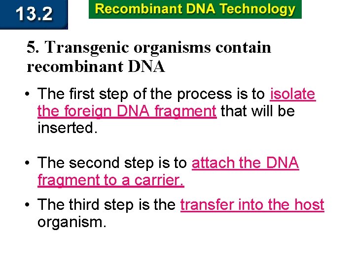 5. Transgenic organisms contain recombinant DNA • The first step of the process is
