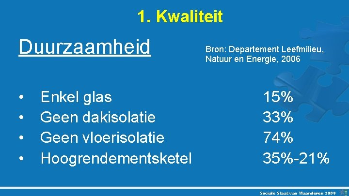 1. Kwaliteit Duurzaamheid • • Enkel glas Geen dakisolatie Geen vloerisolatie Hoogrendementsketel Bron: Departement