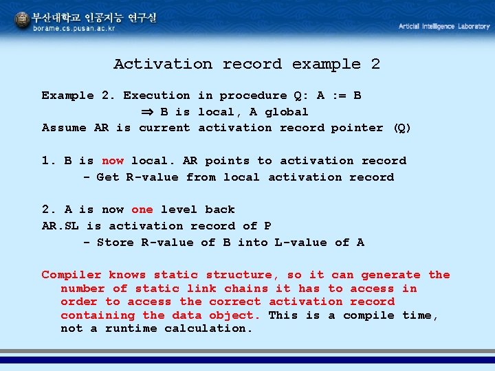 Activation record example 2 Example 2. Execution in procedure Q: A : = B