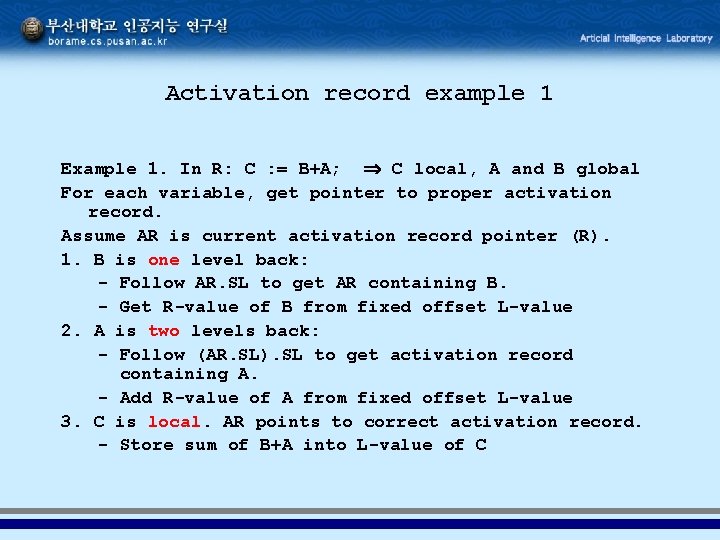 Activation record example 1 Example 1. In R: C : = B+A; C local,