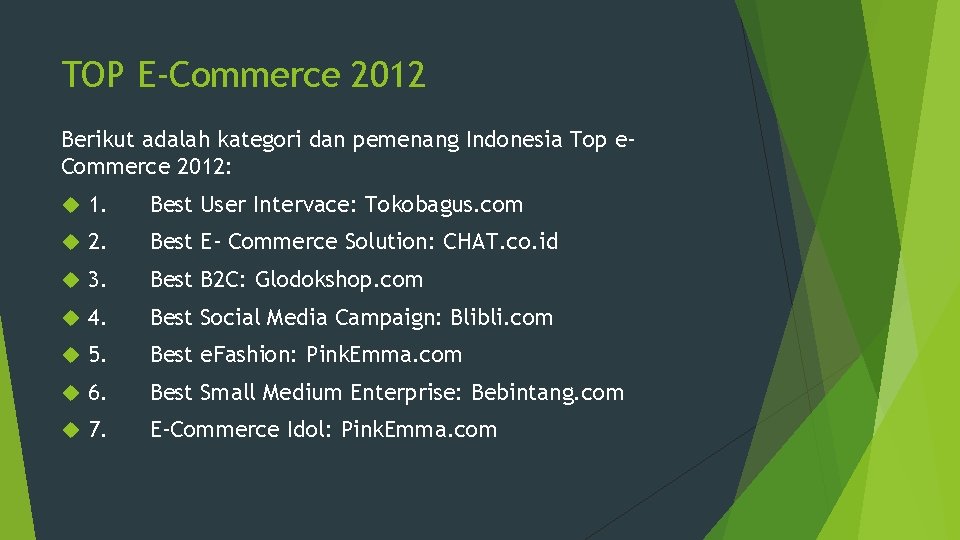 TOP E-Commerce 2012 Berikut adalah kategori dan pemenang Indonesia Top e. Commerce 2012: 1.