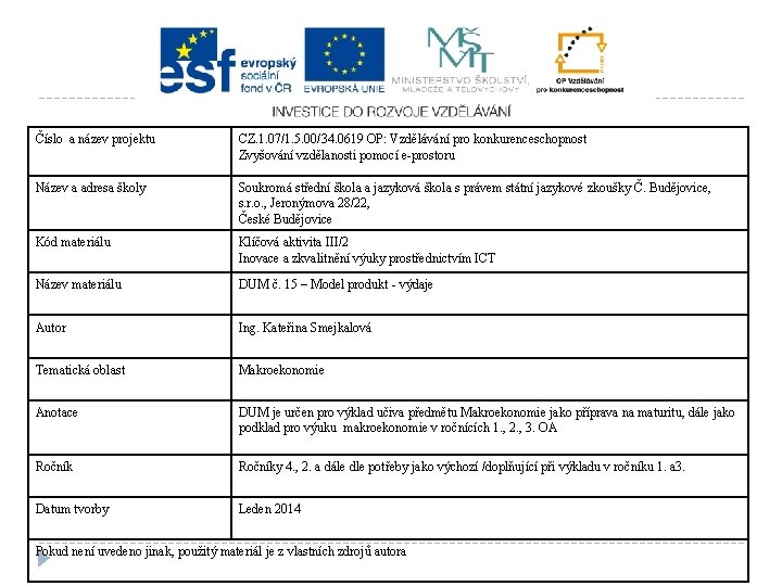 Číslo a název projektu CZ. 1. 07/1. 5. 00/34. 0619 OP: Vzdělávání pro konkurenceschopnost