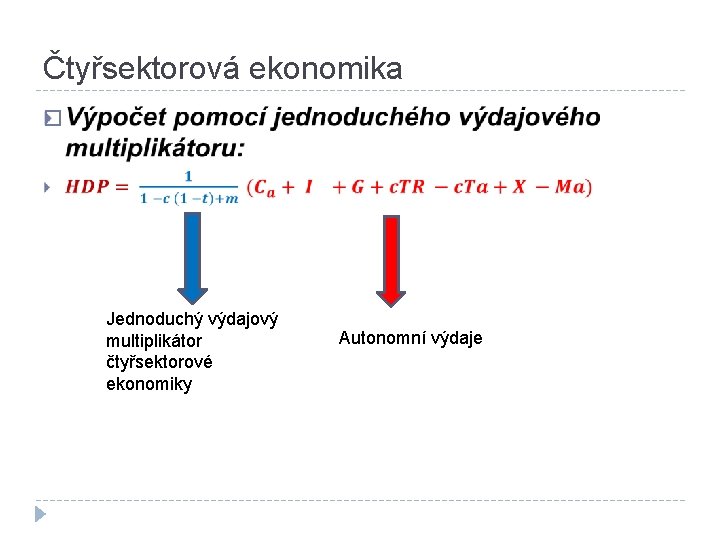 Čtyřsektorová ekonomika � Jednoduchý výdajový multiplikátor čtyřsektorové ekonomiky Autonomní výdaje 