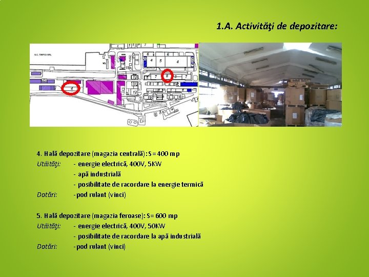 1. A. Activităţi de depozitare: 4. Hală depozitare (magazia centrală): S= 400 mp Utilităţi: