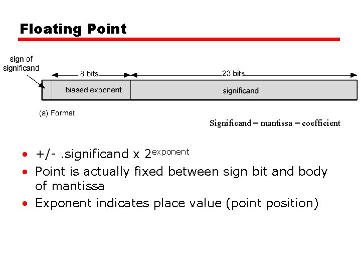 Floating Point Significand = mantissa = coefficient • +/-. significand x 2 exponent •