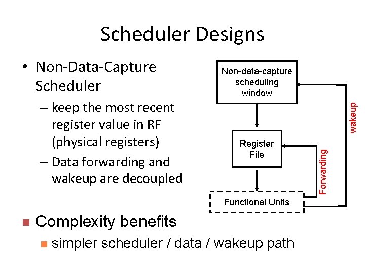 Scheduler Designs wakeup – keep the most recent register value in RF (physical registers)