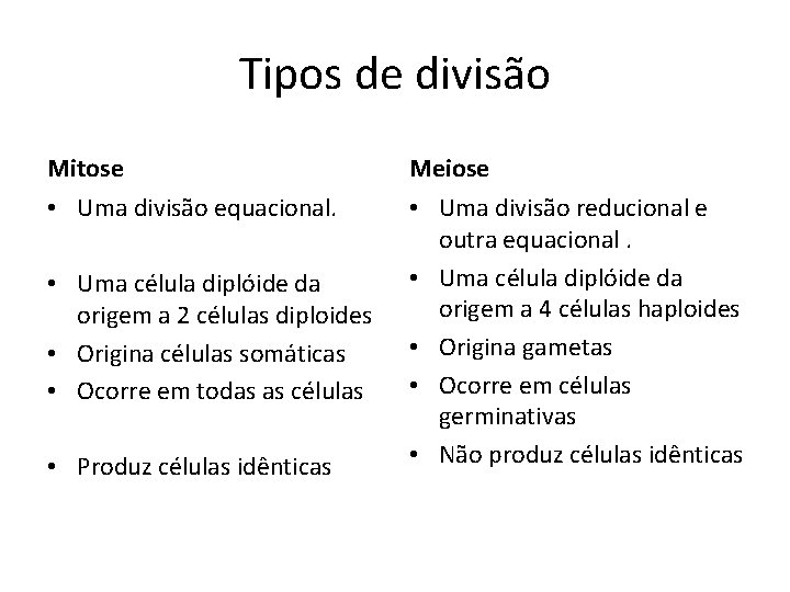 Tipos de divisão Mitose Meiose • Uma divisão equacional. • Uma divisão reducional e