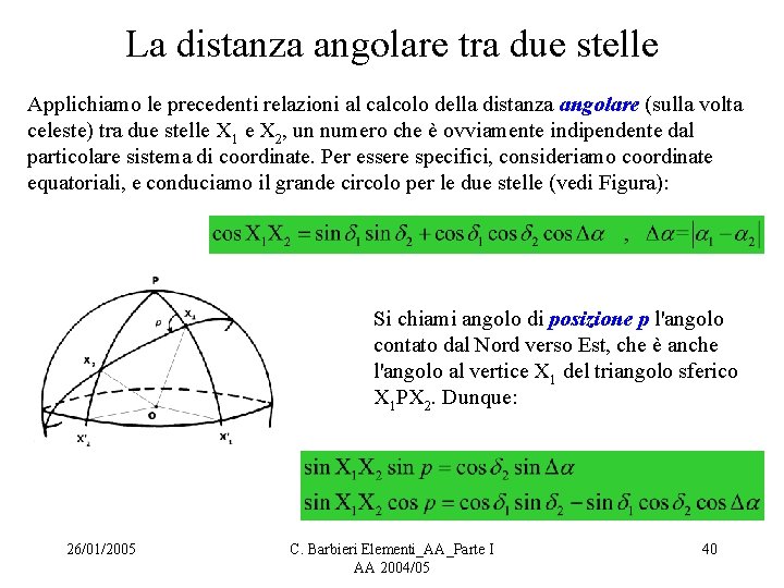 La distanza angolare tra due stelle Applichiamo le precedenti relazioni al calcolo della distanza