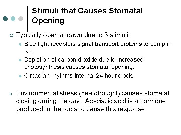 Stimuli that Causes Stomatal Opening ¢ Typically open at dawn due to 3 stimuli: