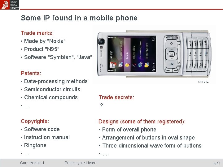 Some IP found in a mobile phone Trade marks: • Made by "Nokia" •