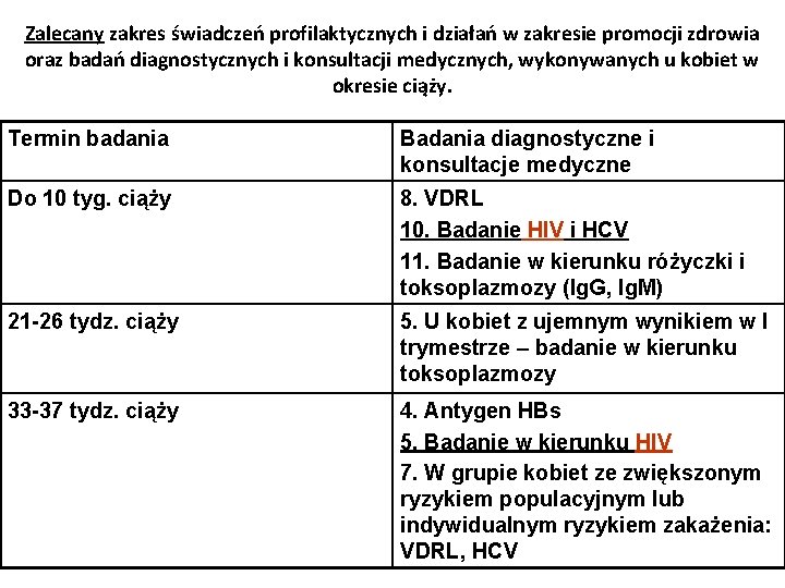 Zalecany zakres świadczeń profilaktycznych i działań w zakresie promocji zdrowia oraz badań diagnostycznych i