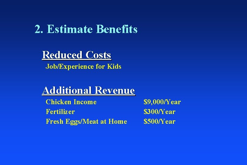 2. Estimate Benefits Reduced Costs Job/Experience for Kids Additional Revenue Chicken Income Fertilizer Fresh