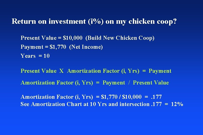 Return on investment (i%) on my chicken coop? Present Value = $10, 000 (Build