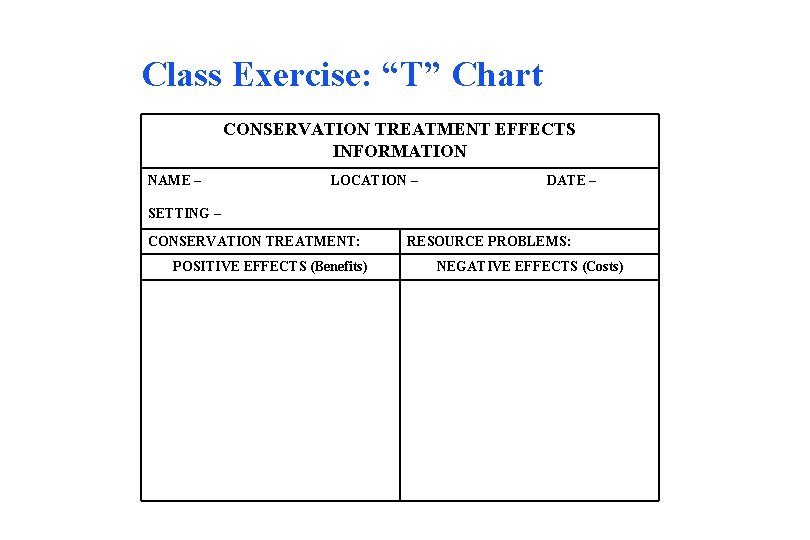 Class Exercise: “T” Chart CONSERVATION TREATMENT EFFECTS INFORMATION NAME – LOCATION – DATE –