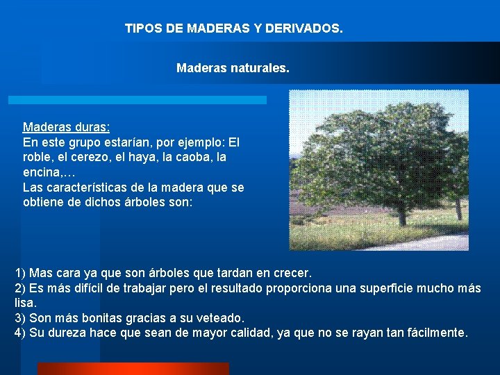 TIPOS DE MADERAS Y DERIVADOS. Maderas naturales. Maderas duras: En este grupo estarían, por