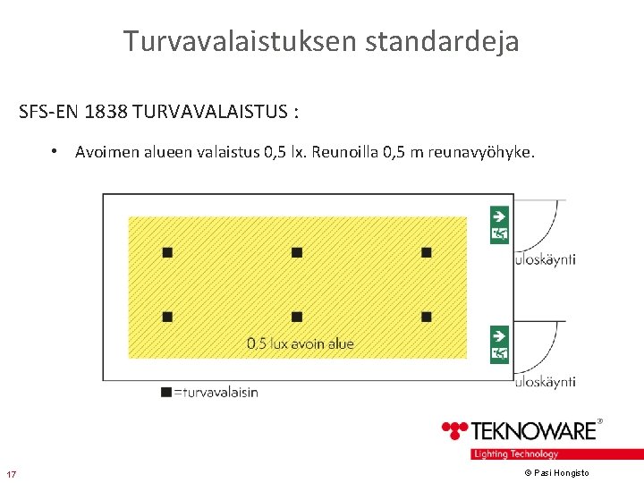 Turvavalaistuksen standardeja SFS-EN 1838 TURVAVALAISTUS : • Avoimen alueen valaistus 0, 5 lx. Reunoilla