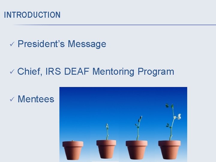 INTRODUCTION ü President’s Message ü Chief, IRS DEAF Mentoring Program ü Mentees 