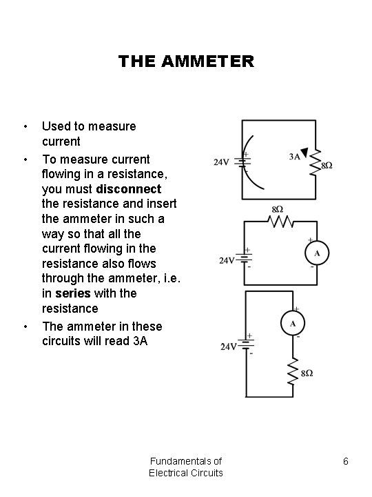 THE AMMETER • • • Used to measure current To measure current flowing in