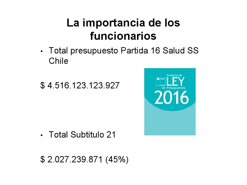 La importancia de los funcionarios • Total presupuesto Partida 16 Salud SS Chile $