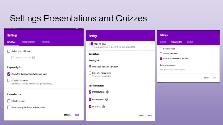 Settings Presentations and Quizzes 