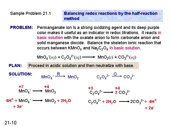 Sample Problem 21. 1 PROBLEM: Balancing redox reactions by the half-reaction method Permanganate ion