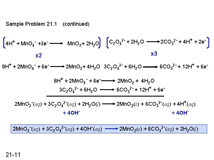 Sample Problem 21. 1 4 H+ + Mn. O 4 - +3 e- (continued) Sample Problem 21. 1 4 H+ + Mn. O 4 - +3 e- (continued)