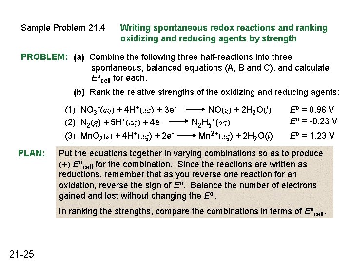 Sample Problem 21. 4 Writing spontaneous redox reactions and ranking oxidizing and reducing agents Sample Problem 21. 4 Writing spontaneous redox reactions and ranking oxidizing and reducing agents