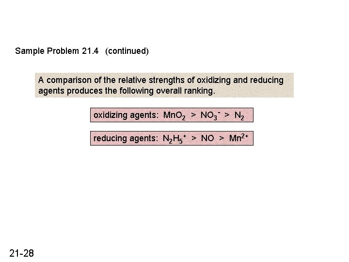 Sample Problem 21. 4 (continued) A comparison of the relative strengths of oxidizing and