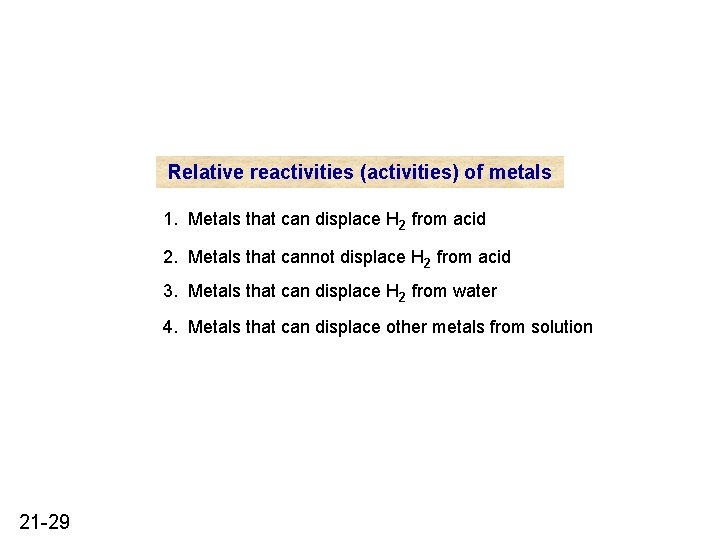 Relative reactivities (activities) of metals 1. Metals that can displace H 2 from acid