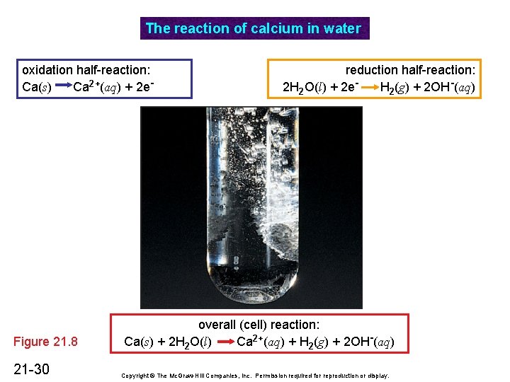 The reaction of calcium in water oxidation half-reaction: Ca(s) Ca 2+(aq) + 2 e-