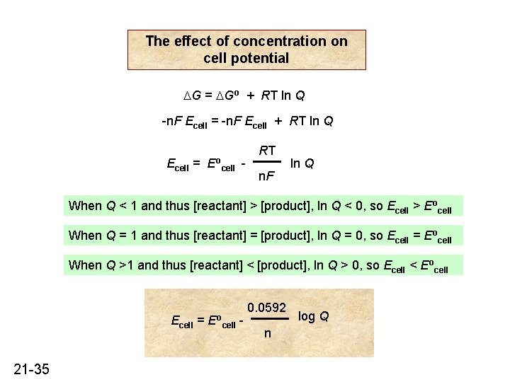 The effect of concentration on cell potential DG = DGo + RT ln Q The effect of concentration on cell potential DG = DGo + RT ln Q